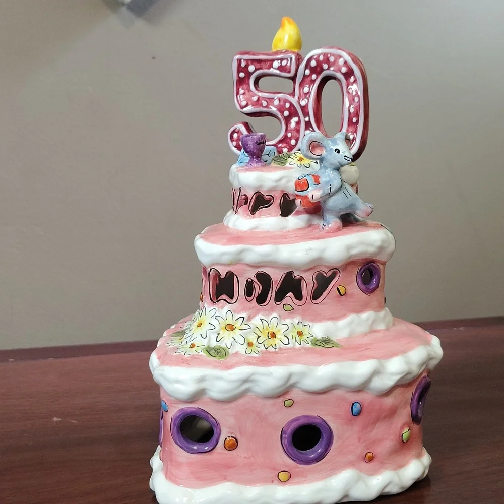 Blue Sky Clayworks 50th Birthday 3 Tier Cake With Mouse Votive Cover